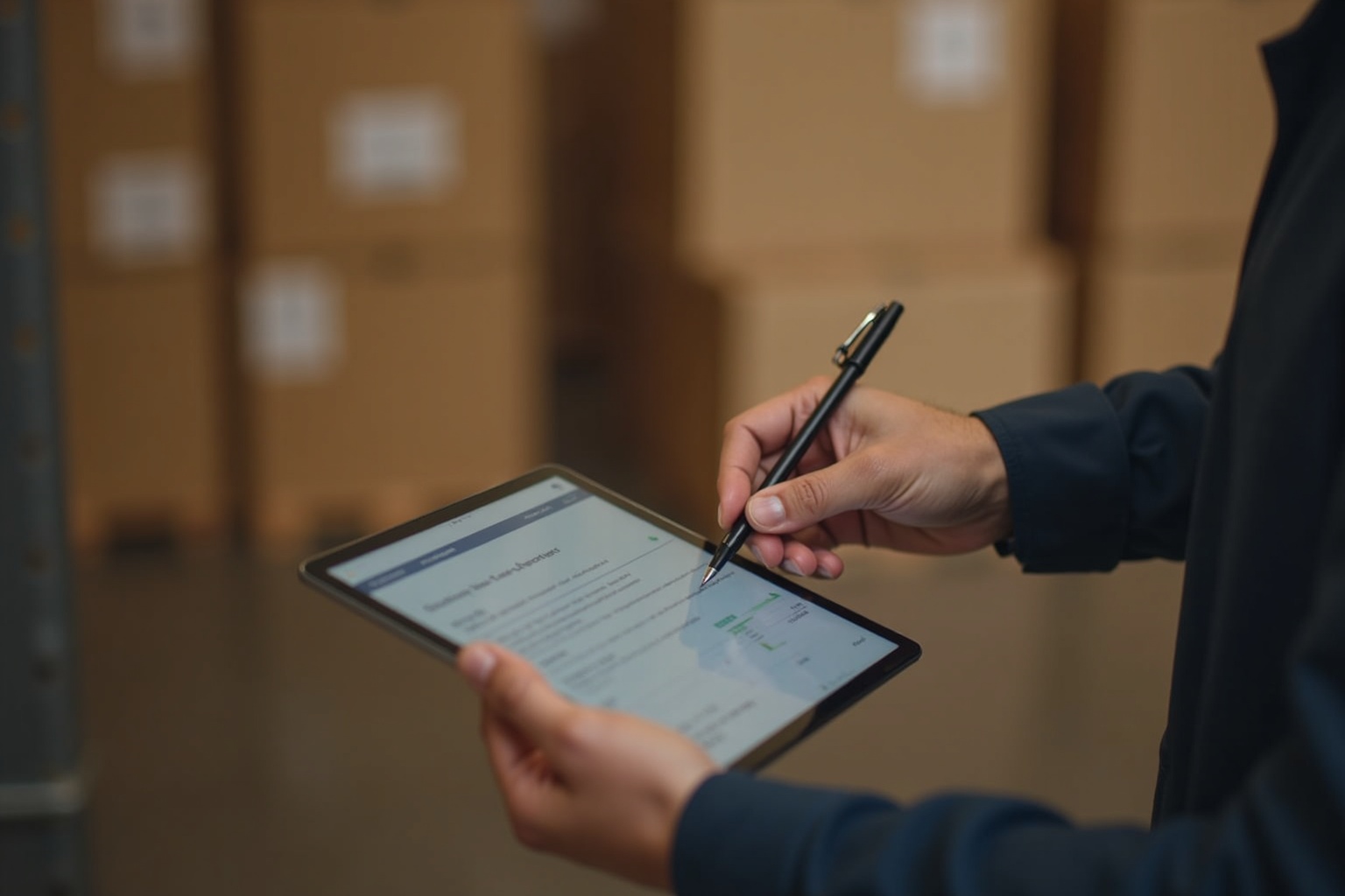 Firma biométrica en un albarán sobre una tablet en un almacén